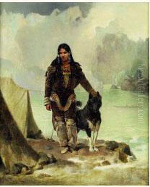 Indienne Et Son Chien Pres Du Lac - view 1