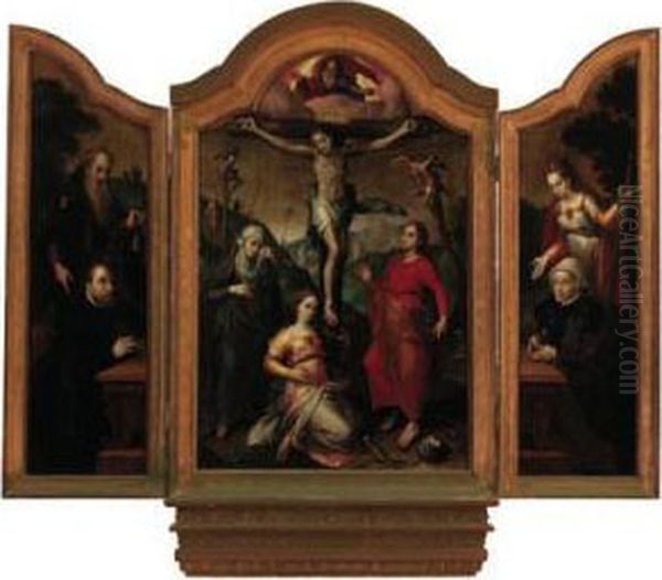 A Triptych: The Crucifixion With
 The Virgin, Mary Magdalene Andsaint John The Evangalist; The Left Wing:
 Saint Anthony Abbot Witha Male Donor; The Right Wing: Saint Catherine 
With A Femaledonor - view 1