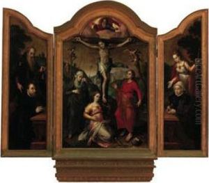 A Triptych: The Crucifixion With
The Virgin, Mary Magdalene Andsaint John The Evangalist; The Left Wing:
Saint Anthony Abbot Witha Male Donor; The Right Wing: Saint Catherine
With A Femaledonor by Gillis Coignet