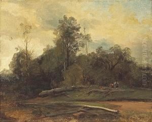 A Wooded Landscape With Figures Resting By Aroad by Jules Louis Phillipe Coignet