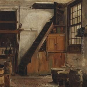 Cellar Interior With A Window, Staircase And Barrels
