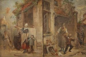 Tweeledige Olieverfschets Met Deugnietentafereel