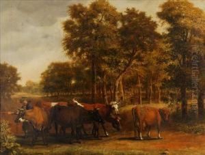 Cattleand Drover Before A Wood