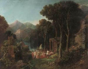 A Mountainous Wooded River Landscape With A Bacchanal by Charles Caryl Coleman