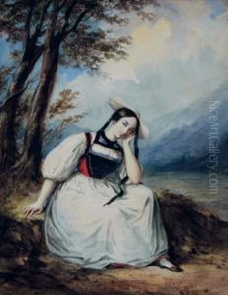 Swiss Peasant Girl Resting By A Tree - view 1