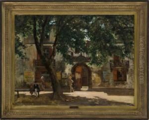 French Street Scene With Figures Sittingin Shade.