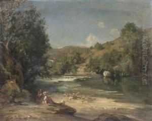 Lavandiere Au Repos Pres D'un Cours D'eau