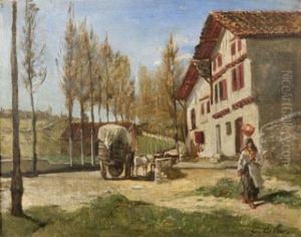 Femme A La Cruche Dans Un Paysage Basque - view 1