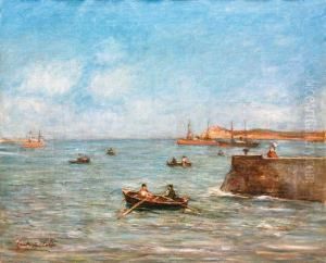 Personnages En Barques A La Sortie Du Port by Gustave Colin