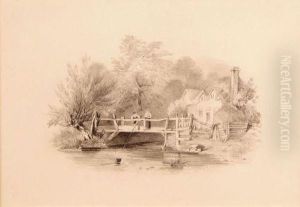 Figures Fishing From A Bridge With Cottage Beyond by Samuel David Colkett