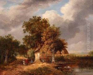 Country Landscape With Figures By A Cottage