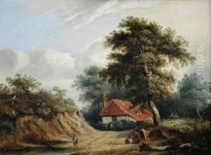 A Gypsy Family With A Fisherman Fishing Outside A Cottage
