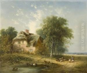 Figures Before A Thatched Farmhouse