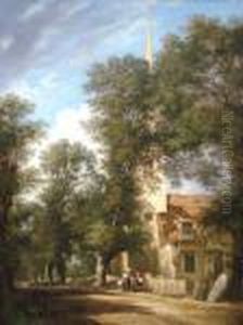 Figures By A Church With Woodland