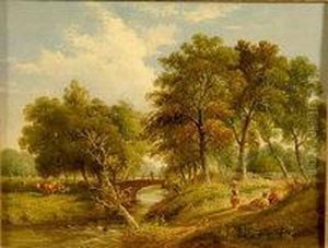 East Anglian River Landscape Scene With Figures Resting And Cattle Grazing