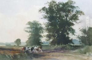 Crockett : Cattle On A Path Near Barford, Signed With Monogram, Watercolour, 28 X 42cm