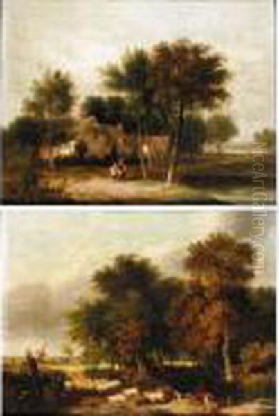 A Shepherd And His Flock; Figures Outside A Cottage - view 1