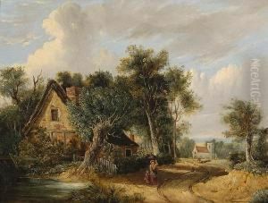 Figures Before A Woodland Cottage, A Church Beyond.