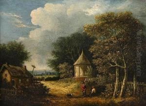 Wooded Landscape With Figures And A Dog Before A Cottage