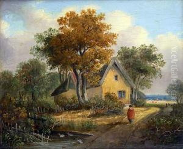 Homeward Bound, Figure Approaching A Cottage On A Poolside Path - view 1