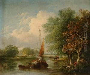 Figures On Asailing Barge In A River Landscape