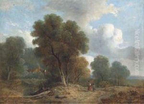 Figures On A Wooded Track, A Cottage Beyond - view 1