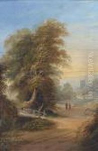 Figures On A Wooded Track With A Church Tower Beyond
