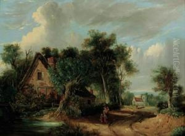 A Wooded River Landscape With Figures Before A Cottage - view 1