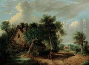 A Wooded River Landscape With Figures Before A Cottage