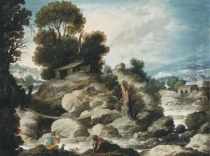 A Rocky River Landscape With Fishermen And Shepherds Resting Withtheir Flock by Francisco Collantes