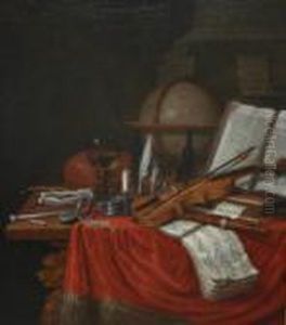 Musical Instruments, Watch, 
Roemer Of Wine, Globe, Open Book And Clay Pipe On A Cloth Covered Table