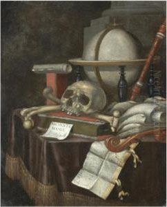 A Vanitas Still Life With A 
Globe, A Skull And Other Human Bones,musical Instruments And Several 
Books All Aranged On A Drapedtable