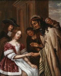 A Gipsy Fortuneteller Reading A Lady's Palm