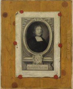 An Engraved Portrait Of Samuel Slater Attached To A Panelled Wall With Red Laquer