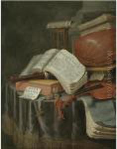 A Vanitas Still Life With Books 
And Manuscripts, A Recorder, A Lute, A Violin, An Hourglass And A 
Compass, All On A Draped Table