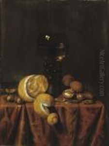 A 'roemer' Of White Wine, A 
Partially Peeled Lemon, Walnuts And Hazelnuts, All On A Draped Table