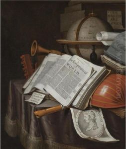 A Vanitas Still Life With A 
Globe And An Atlas Open On Draped Table Along With A Lute And An 
Engraving Of Caesar Octavianus Augustus