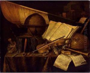 A Vanitas Still Life With Books
And Leaflets, A Globe, A Princely Flag, A Musical Score, Musical
Instruments, A Jewellery Box, An Hourglass, All On A Draped Table
Together With A Silver Tazza, Coins, A Watch, And A Purse by Edwart Collier