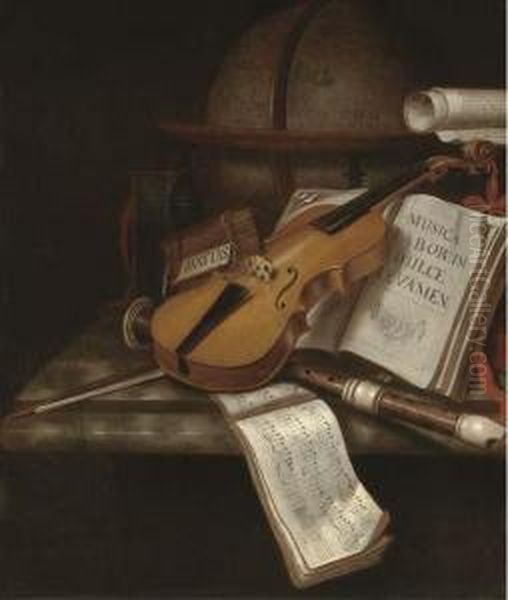 A Vanitas Still Life With A
Violin, A Recorder, Books, A Scroll Andmusic With A Globe On A Marble
Ledge - view 1