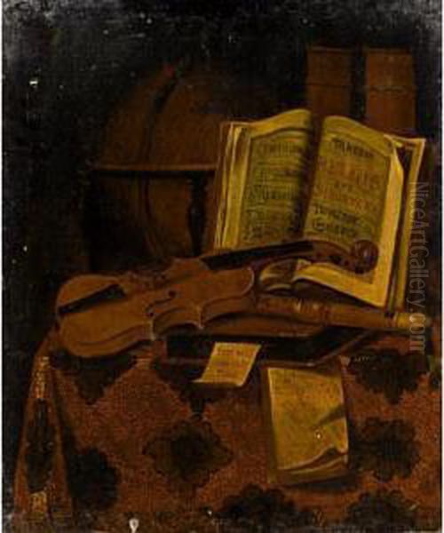 Still Life With A Violin, A Recorder, A Globe And Books On A Table Draped With A Carpet by Edwart Collier
