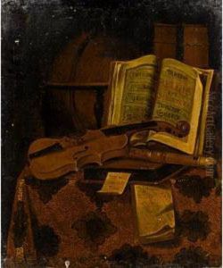 Still Life With A Violin, A Recorder, A Globe And Books On A Table Draped With A Carpet