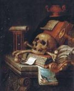 A Vanitas Still Life: A Skull, 
Books, An Hourglass And A Musicalscore On A Stone Carved Table