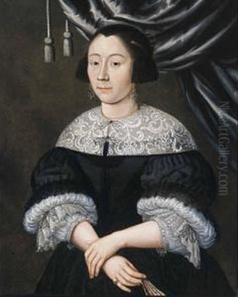 Portrait Of A Lady, Standing
Half Length, Wearing A Black Dresswith White Collar And Cuffs, A Black
Bonnet, And Holding A Fan Inher Right Hand - view 1