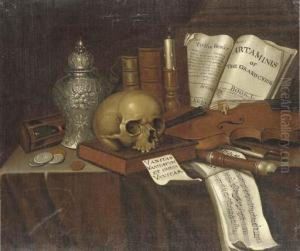 A Vanitas Still Life With Coins,
Overturned Hour-glass, Urn, Skull,candle, Books, Musical Instruments
And A Score On A Table by Edwart Collier