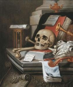 A Vanitas Still Life With An
Hour Glass, A Skull And Crossbones, Ascroll, Two Books, Music Scores, A
Flute, A Violin, A Sheet Ofpaper Inscribed 'memento Mori ...', An
Incense Burner, Anothersheet Of Paper Inscribed 'vanitas Vanitatum
Etomnia Vanit by Edwart Collier