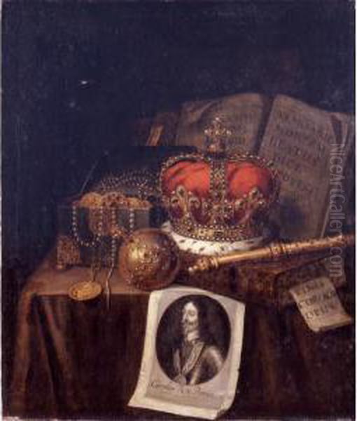 A Vanitas Still Life Of A Crown,
An Orb, A Sceptre, A Casket Of Coins And Jewels, Together With Books
And An Engraving Of Charles I Of England, All Arranged On A Draped Table - view 1