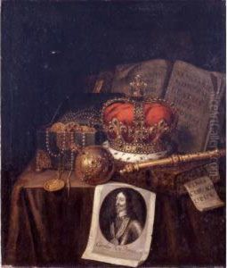 A Vanitas Still Life Of A Crown,
An Orb, A Sceptre, A Casket Of Coins And Jewels, Together With Books
And An Engraving Of Charles I Of England, All Arranged On A Draped Table A Vanitas Still Life Of A Crown,
An Orb, A Sceptre, A Casket Of Coins And Jewels, Together With Books
And An Engraving Of Charles I Of England, All Arranged On A Draped Table
