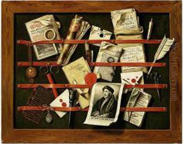 A Trompe L'oeil Still Life Of 
Written And Printed Documents, A Printed Portrait Of Erasmus And An 
Envelope With Broken Seal, A Watch, A Comb, Pince-nez, A Magnifying 
Glass, A Key, A Seal And Stick Of Sealing Wax, A Quill Pen And Other 
Paraphernali - view 1