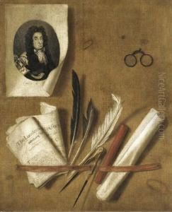 A Trompe L'oeil Still Life Of An Engraving Of King Charles Ii by Edwart Collier