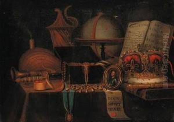 A Vanitas Still Life With A
Globe, Crown, Sword, Jewel Casket, Anopen Book And A Miniature Of King
Charles I - view 1